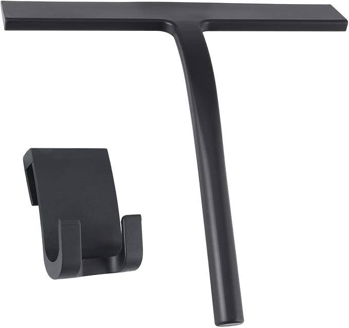 Silicone Shower Squeegee, Black, 9 inch | All-Purpose, For Shower Glass Door, With Hook, Household Cleaner Tool