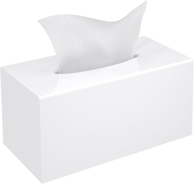 Glossy White Rectangle Upgrade Size Acrylic Tissue Box Cover | Handmade Facial Napkin Dispenser Holder for Bathroom Kitchen Bedroom Office (9.85"L x 5.1"W x 5.3"H)