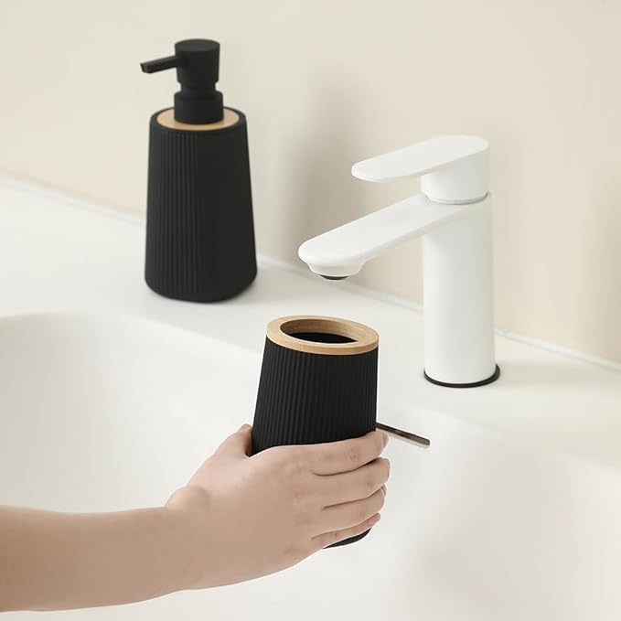 YAUKPH Bathroom Soap Dispenser and Toothbrush Holder Striped Black Bamboo | Bathroom Accessories Set 2 Piece for Bathroom Countertop Storage and Decor