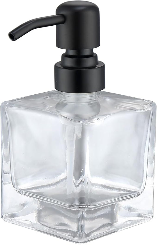 Square Bathroom Soap Dispenser Black, 8.4 oz Glass Bottles with Stainless Steel Pump Cube Liquid Hand Soap Dispenser Kitchen