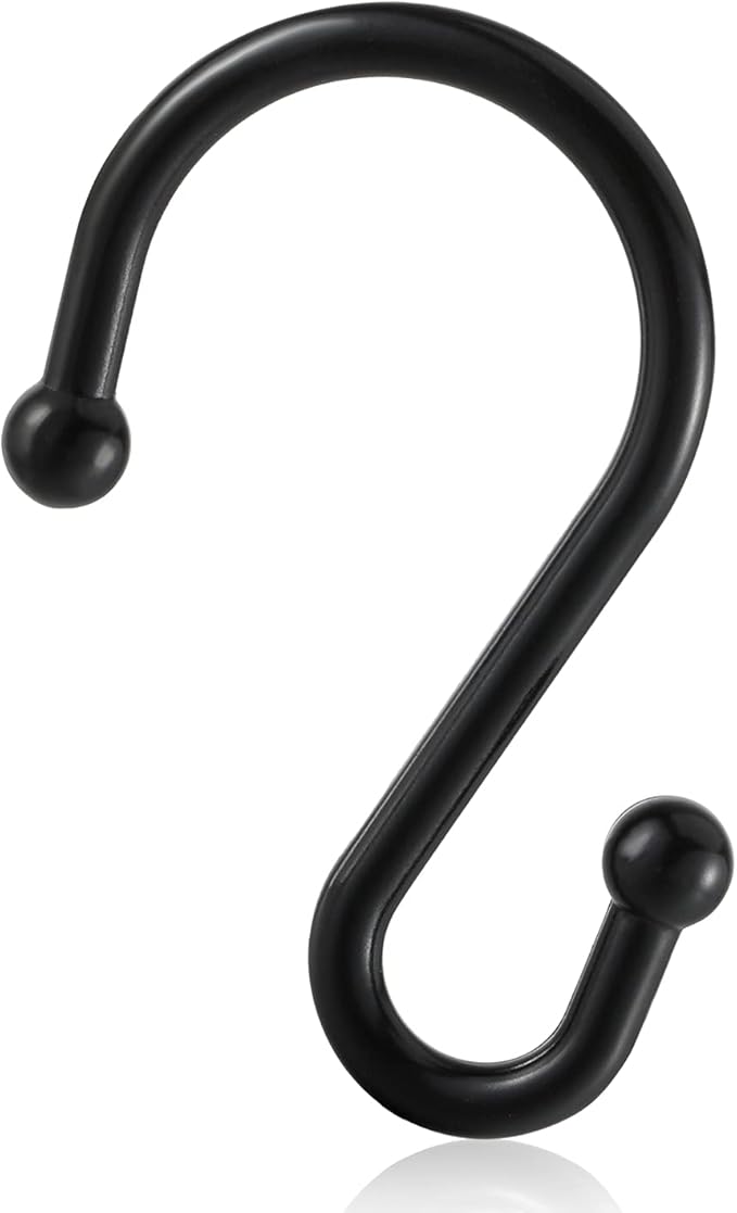 Metal Shower Curtain Hooks, Rust Proof Shower Curtain Rings, Black Shower Curtain Hooks for Bathroom, S Shaped Decorative Shower Hooks Hangers for Shower Curtain Rod,Set of 12