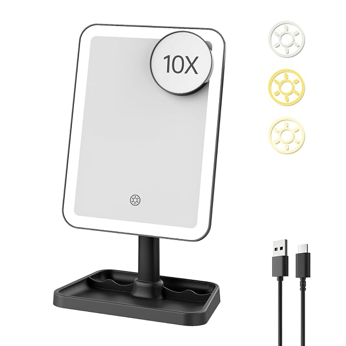 FUNTOUCH Rechargeable Vanity Makeup Mirror with Lights,Black | 10X Magnification,3 Color Lighting Touch Dimmable Portable Desk Mirror with Light,360°Rotation Led Mirror & Storage