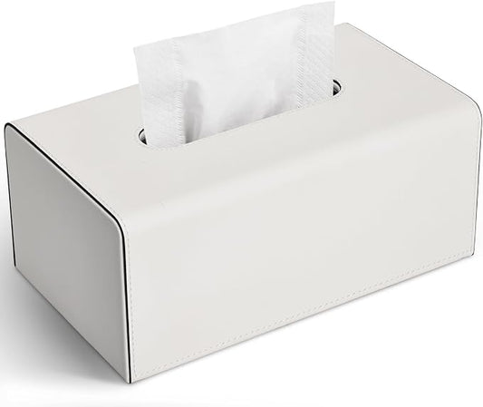 Tissue Box Cover, PU Leather Rectangular Tissue Box Holder with Magnetic Bottom Cover for Facial Tissues/Napkins, Office & Living Room Decor Box for Standard 120-count/160-count (2-Ply) Ivory White