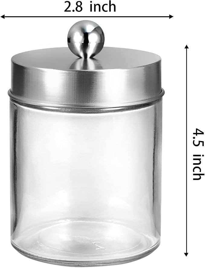 Amolliar Glass Apothecary Jar Qtip Holder Metal Lids 4pc/Brushed Nickel | Bathroom Decor Countertop Vanity Storage Organizer Set for q tip holder,Cotton Swabs/Rounds,Makeup Sponges,Cute Stickers