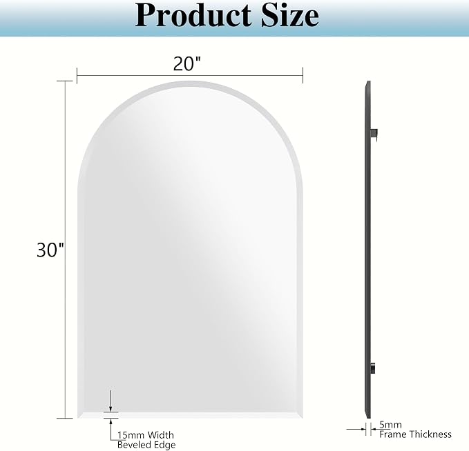 Frameless Bathroom Mirror, 20"x30" Beveled Arched Vanity Mirrors | Frameless, 15mm beveled edge, 5mm HD glass, shatterproof, anti-rust, french cleat, for bathroom/bedroom/entryway