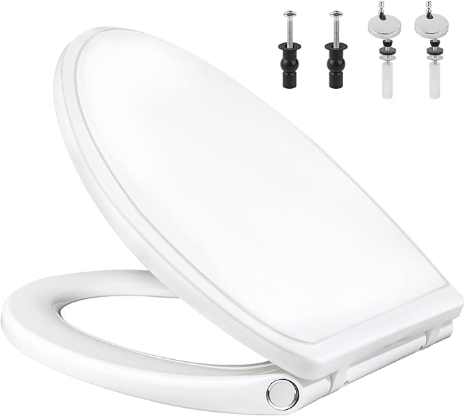 Universal Elongated/Oval Toilet Seat Soft-Close Cover, 4 PCS Toilet Bolts | White, One-Click Quick Release, Elongated Toilet Seat Replacement with Toilet Bumpers, Compatible with TOTO, Gerber, Kohler