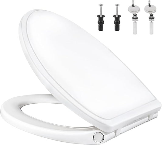 Universal Elongated/Oval Toilet Seat Soft-Close Cover, 4 PCS Toilet Bolts | White, One-Click Quick Release, Elongated Toilet Seat Replacement with Toilet Bumpers, Compatible with TOTO, Gerber, Kohler