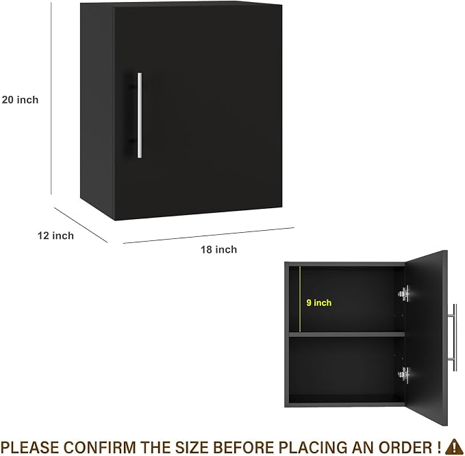 Small Wall Cabinet, 18" W x 12" D x 20" H Wooden Wall Mounted Storage Cabinet, 1 Door Cabinet with Soft Close and Metal Handle and Adjustable Shelf, for Kitchen, Garage, Laundry, Bathroom, Black
