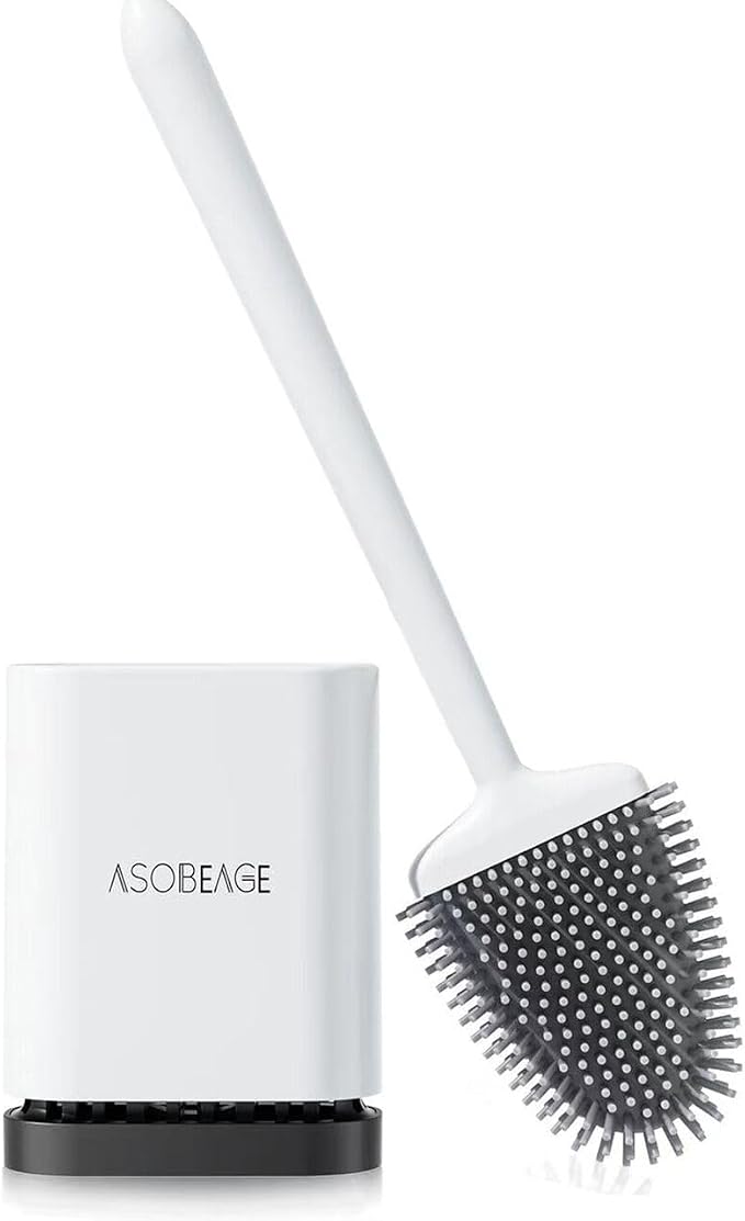 Deep Cleaner Toilet Brush: Silicone Toilet Brush with No-Slip Long Plastic Handle and Flexible Bristles, Quick Drying Holder Set for Toilet（White）