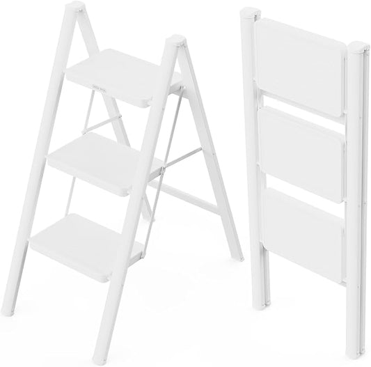 3 Step Foldable Step Stool, 330lbs Load, White | Folded 36'' H x 2'' T; Net 9.9 lbs; Anti-Slip Feet Grip Wood, Tile, Carpet; Wide Pedals; For Kitchens, Closets.