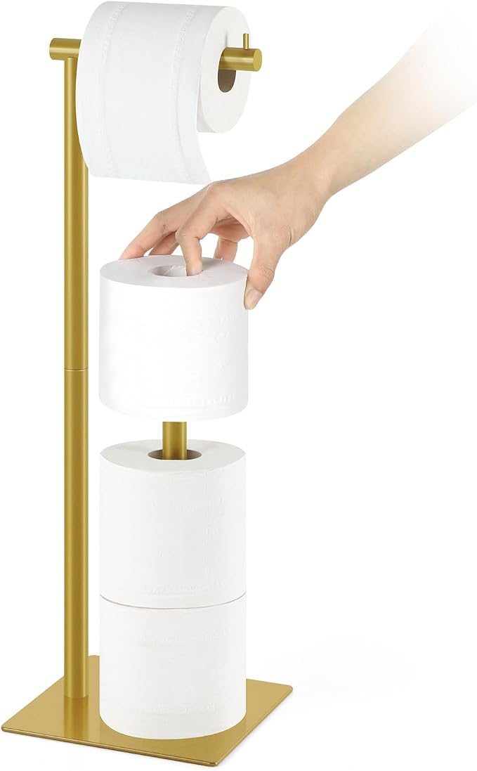 Toilet Paper Holder Stand Beige Gold Free Standing TP Holder, Metal Toilet Paper Roll Holder with Reserve Bathroom Tissue Storage Holder, Beige Gold