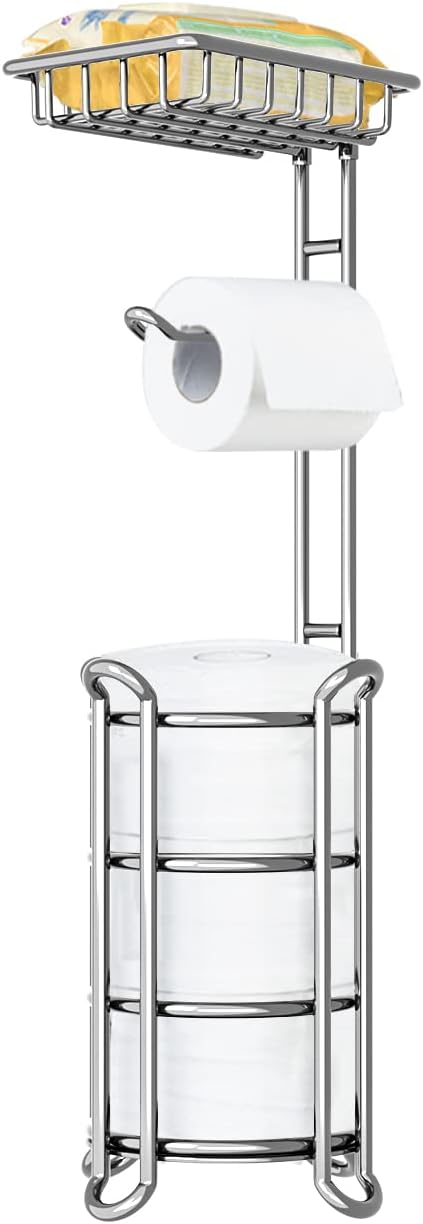 TreeLen Toilet Paper Holder Stand Toilet Tissue Roll Holder with Shelf for Bathroom Storage Holds Phone/ Wipe/ Mega Rolls-Shiny Chrome