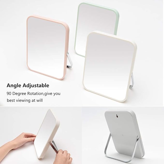 YEAKE Table Desk Vanity Makeup Mirror,8-Inch Portable Folding Mirror with Metal Stand 90°Adjustable Rotation Tavel Make Up Mirror Hanging Bathroom for Shower Shaving(White)
