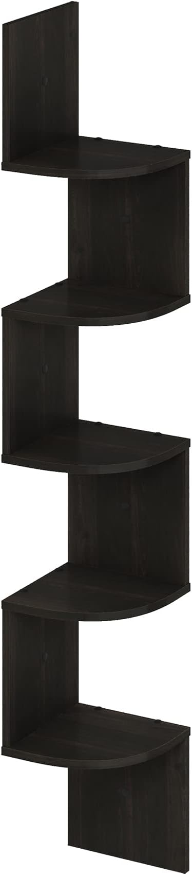 Furinno Rossi 5-Tier Floating Corner Shelf for Wall, Corner Zigzag Shelf Wall Mounted, Radial Wall Mount Shelves, for Home Office, Living Room, Bedroom, Bathroom, Espresso