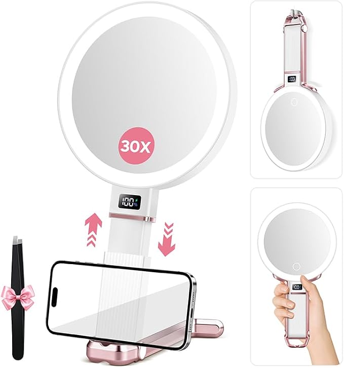 30X Travel Magnifying Mirror with Light, Height Adjustable Vanity Mirror with Phone Holder Stand, Portable Compact Handheld Makeup Mirror with Smart Display for Travel, Daily Makeup Use, Rosegold