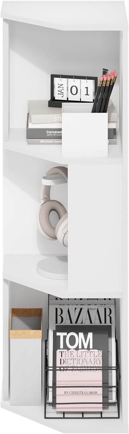 Furinno ECON Corner Shelf, 3-Tier Corner Book Shelf, Standing Storage Shelves, Cube Display Rack, Bookshelf, for Organization and Storage, Living Room, Home Office, White