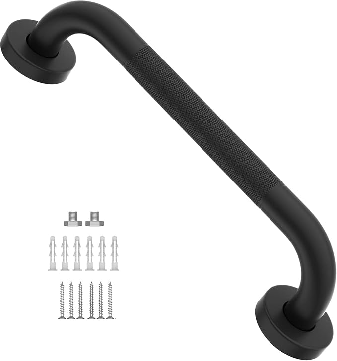 12 Inch Anti Slip Shower Grab Bar, Black Munzong Bathroom Balance Bar | Knurled Bathroom Grab Bar Safety Hand Rail Support Handicap Elderly Injury Senior Assist Bath Handle