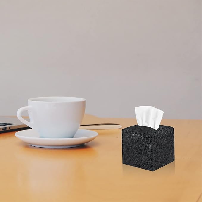 2 Pack 5"x5"x5" Square PU Leather Tissue Box Holders for Home & Office | Modern sleek design, water-resistant PU surface, fits bathroom vanity nightstand & car (Black)