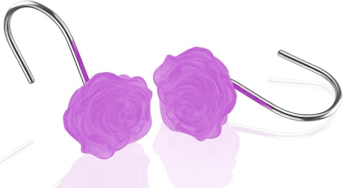Rose Shower Curtain Hooks, Glow in The Dark, Pretty Floral Themed Elegant Bathroom Decor, Purple