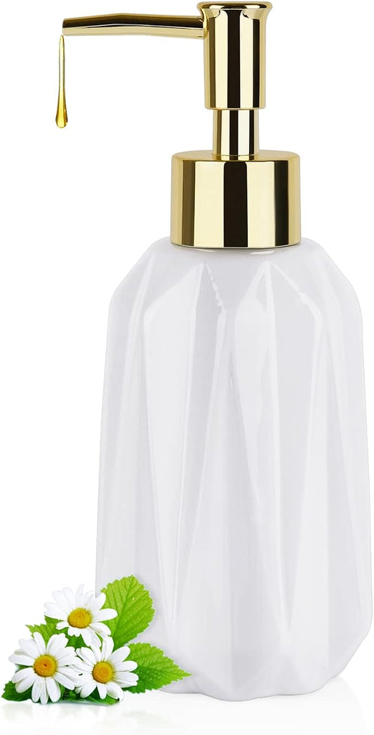 14OZ Hand Soap Dispenser for Bathroom and Kitchen, Ceramic (New White) | Refillable Hand Soap Dish Soap Dispenser, Great for Kitchen Sink, Liquid, Essential Oil & Lotion, Pump Dispenser Bottle