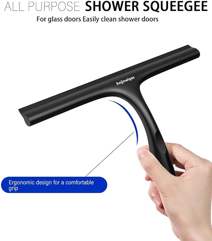 Shower Squeegee for Glass Doors 10 Inch, Black Bathroom Squeegee with Hook | Rust-Proof, Streak Free, All-Purpose Window Squeegee for Shower Glass, Tile Walls, Car, Ergonomic Grip, Silicone Squeegees