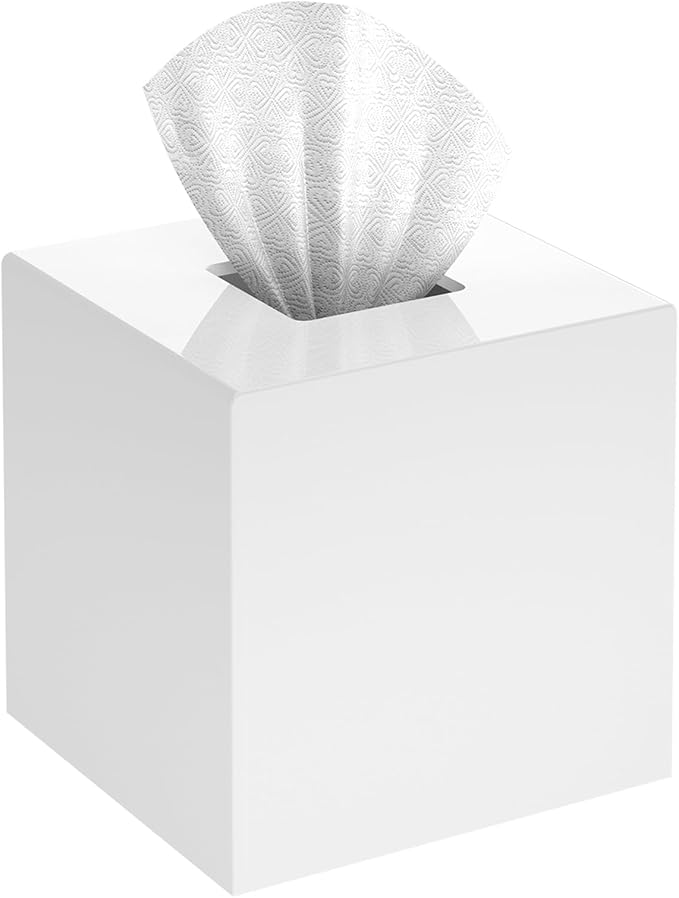 SILUT Shiny White Square Acrylic Tissue Box Cover | Stylish Modern Facial Tissue Dispenser Holder for Bathroom Vanity, Bedroom & Office, Magnetic Bottom & Non-Slip Base