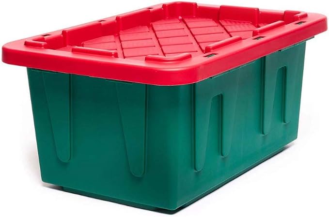 HOMZ Durabilt Plastic Storage Bins with Lids, 15 Gal, Red/Green, 2 Pack | Heavy-Duty Large Stackable Container Seasonal Boxes for Home, Attic, and Garage Organization