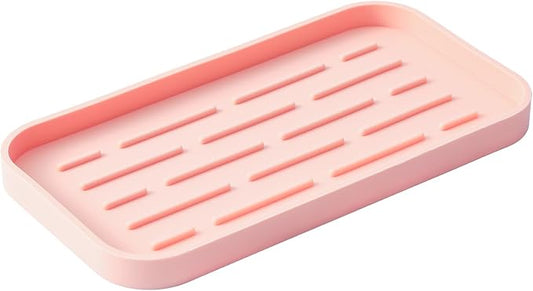 MicoYang Silicone Kitchen Sink Organizer Tray for Multiple Usage,Easy Clean,Eco-Friendly Sponges Holder for Kitchen Bathroom Counter or Sink,Dish Soap Dispenser,Scrubber,Bottle,Cup Pink 10”x 5.3”