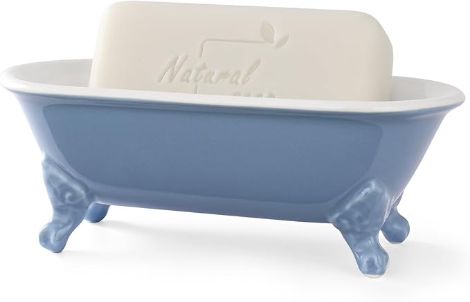6.5" Ceramic Mini Clawfoot Bathtub Soap Dish, Blue | Decorative, Kitchen Sponge Holder, Shower Tray, 1 Pack