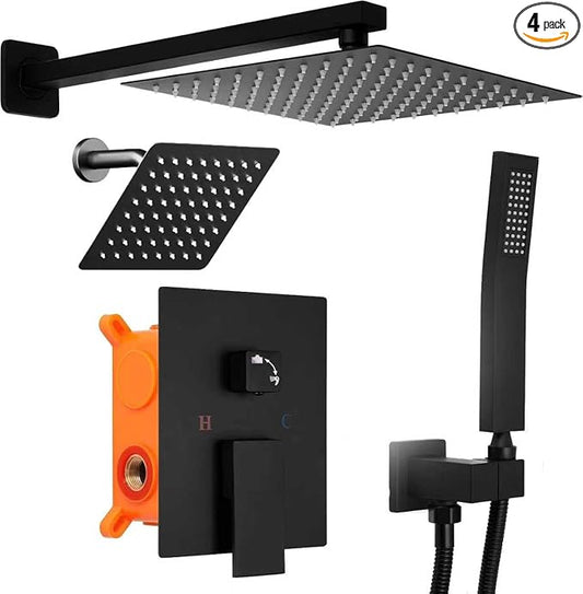 10 Inch Shower Head Set With Valve, Shower Faucet Set With Tub Spout, Rain Shower System, Black Shower Head And Handle Set, Ceiling Mount Shower Trim System