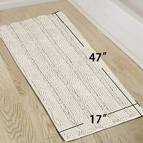 Turquoize Chenille Bath Rug - Non Slip, Absorbent, Thick Shaggy Mat for Bathroom, 47x17 inches, Cream