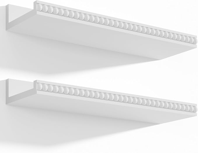 Alsonerbay 15.7 Inch Floating Shelves with Wooden Beads 2 Pack, White | Wall mounted shelves with lip, kids book ledge, boho wall decor for bathroom bedroom living room nursery baby room