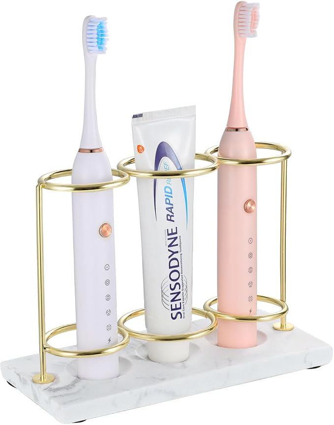 Emibele Electric Toothbrush Holder, 3 Slots 2-Layer Gold Toothbrush Holder | Bathroom Resin Toothpaste Razor Storage Non-slip Organizer for Bathroom Toothbrush Toothpaste Cleanser, Gold Marble White