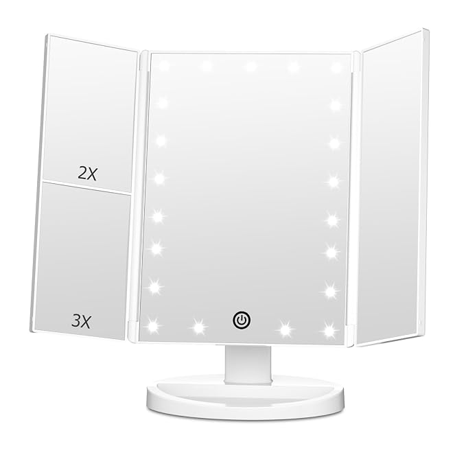 Trifold Vanity Mirror with Lights, Make up Mirror with Lighting | Lighted Makeup Mirror 2X/3X Magnification, 21 LED Touch Dimming, Dual Power 180° Rotation Lit Beauty Table Mirror