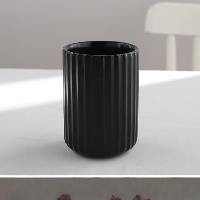 Stoneware Toothbrush Holder for Bathroom Tooth Brush Holder for Bathroom Toothbrush Cup Toothbrush Holders Cute Fluted Vertical Ribbed Stripe (Matte Black)