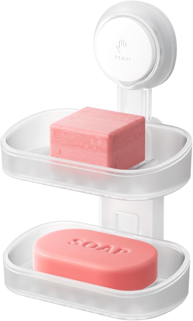 TAILI Soap Holder, Soap Dish for Shower Suction Cup, Bar Soap Holder, Clear | 2 Layer Removable Soap Holder Shower, Soap Tray for Shower Wall, Drill Free Sponge Holder, Bathroom & Kitchen, No drill