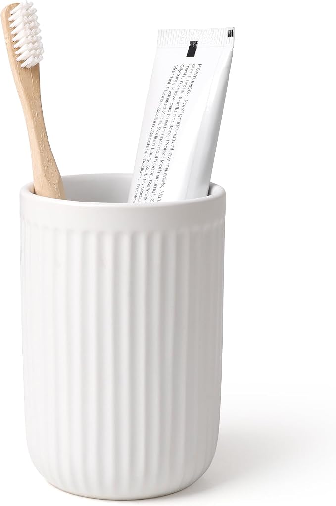 BosilunLife Ceramic Toothbrush Holder - 12oz Bathroom Toothbrush Holder Tooth Brush Holders Tumbler Cups Reusable Toothbrush Mouthwash Cup Small Toothbrush and Toothpaste Holder, Striped White