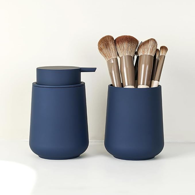 YAUKPH Bathroom Soap Dispenser and Toothbrush Holder Matte Blue | Bathroom Accessories Set 2 Piece for Bathroom Countertop Storage and Decor