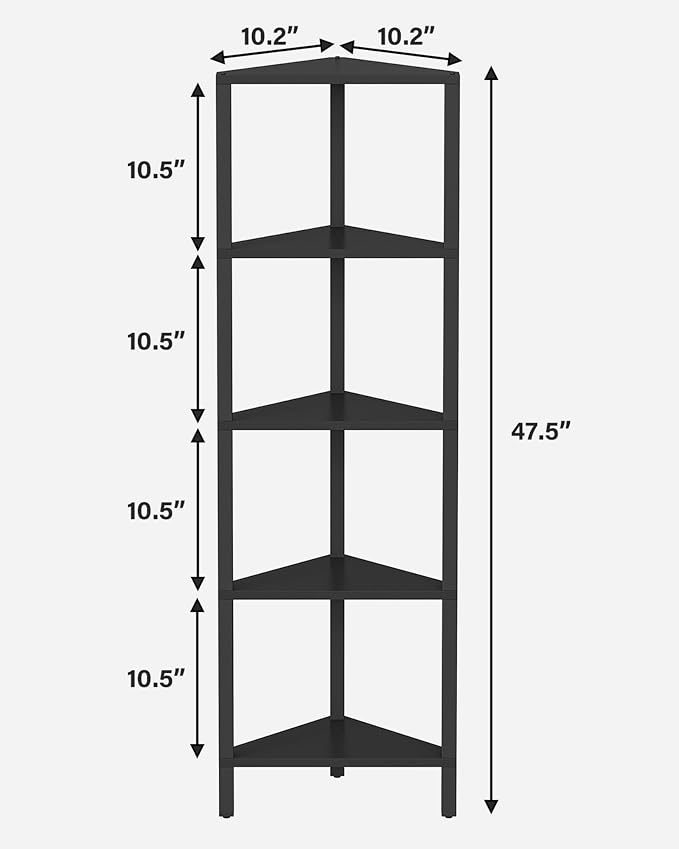 TUTOTAK Corner Shelf, 5-Tier Corner Bookshelf for Small Space | Narrow Display Corner Shelf Stand with Storage Rack, for Living Room, Bedroom, Black BS05BK005