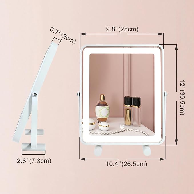 YEKKOPT Makeup Vanity Mirror with Lights,13" Large Hollywood LED Lighted Make up Mirror for Bedroom Tabletop,Three Color Lighting Modes,Smart Touch Control, 360°Rotation