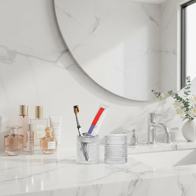 Glass Toothbrush Holder, Clear Bathroom Toothbrush Holder Set, 10oz Bathroom Tumbler Cup, Bathroom Storage Cup Organizer for Tooth Brush, Toothpaste and Makeup Brush