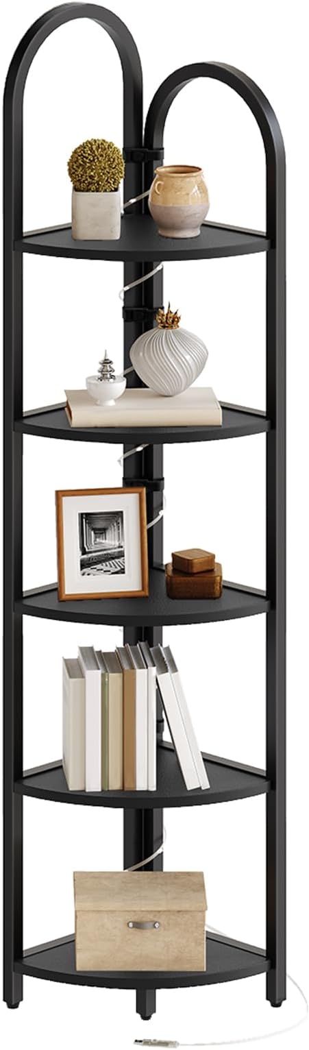 MAHANCRIS 5-Tier Corner Shelf with LED Light, 64.6'' Tall Corner Bookshelf, Narrow Storage Shelf with Metal Frame, for Living Room, Bedroom, Small Spaces, Black CSBK55101