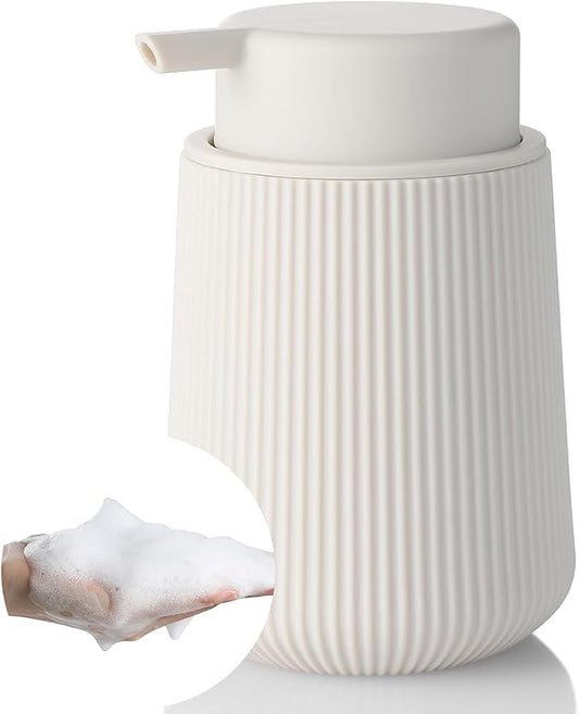 YAUKPH Striped Foaming Hand Soap Dispenser Beige | with Leak-Proof Pump for Bathroom and Kitchen Countertop 11oz