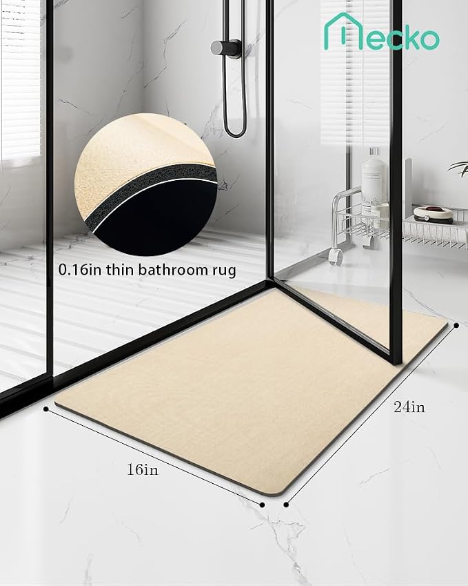 Mecko Bath Mat 16"x24",Ultra Thin Bathroom Rug fit Under Door Beige | -Non-Slip, Quick Dry, Absorbent Bathroom Rug Suit for Tile floors, Easy Care Shower Rug in Front of Bathtub, Sink, Shower