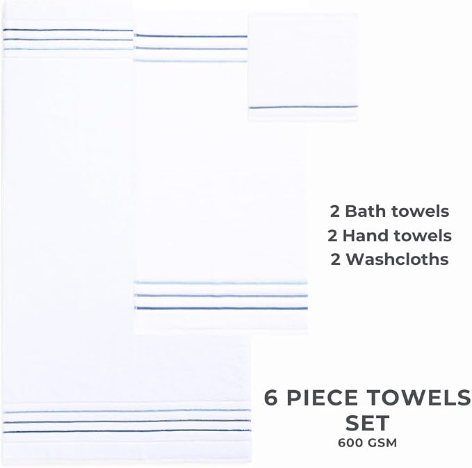 Bath Towels Set for Bathroom – Luxury 6-Piece Cotton Towels, Soft Absorbent & Quick Dry, 600 GSM Bath Towels for Bathroom, Hotel Spa Quality (White/Blue Azure, 6- Bath Towel Set)