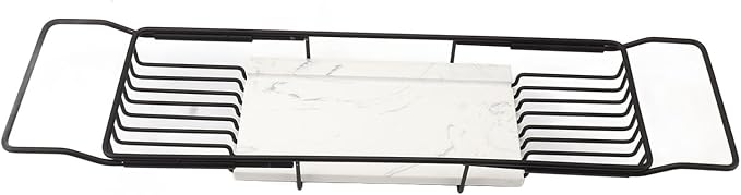 Marhynchus Metal Marble Bathtub Rack, Bathtub Caddy Tray Stainless Steel Shower Caddy Tray with Extending Sides, Bathroom Trays (Black White)