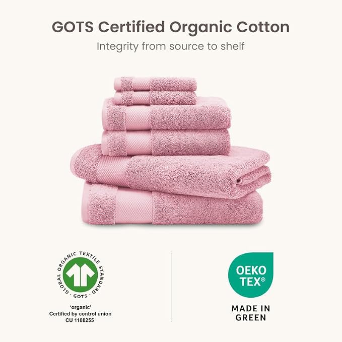 100% Organic Cotton Bath Towel Set | 700 GSM Plush 6-Piece Premium Towel Set GOTS Certified, 2 Bath Towels, 2 Hand Towels & 2 Washcloths - Dusty Pink