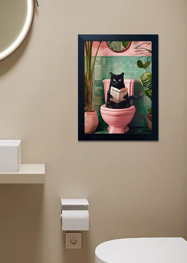 Black Cat Bathroom Wall Art Pink Toilet Decor Funny Canvas Print Artwork for Woman Girls Bathroom