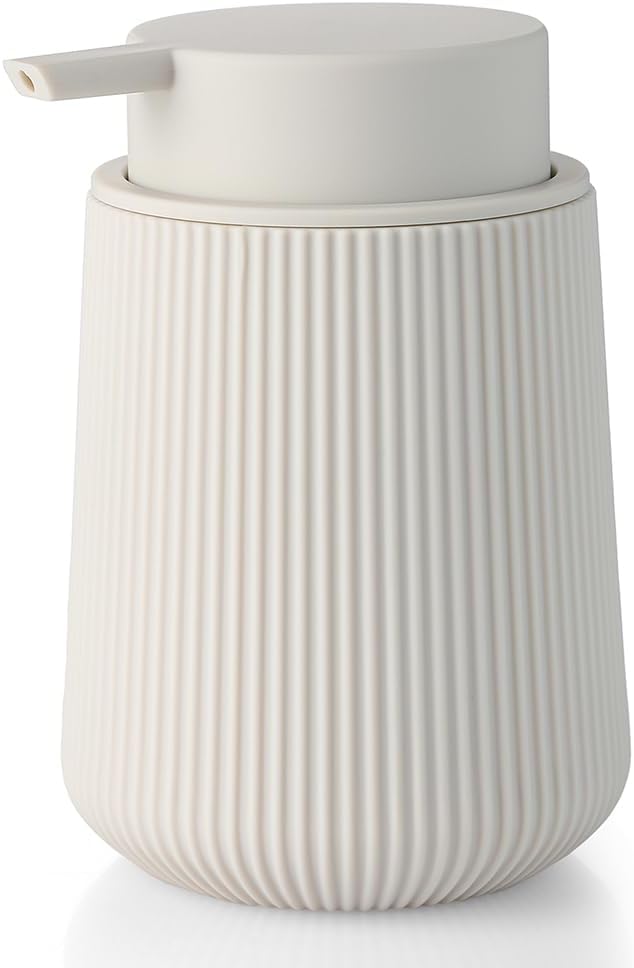 YAUKPH Striped Liquid Hand Soap Dispenser Beige | with Leak-Proof Pump for Bathroom and Kitchen Countertop 11oz