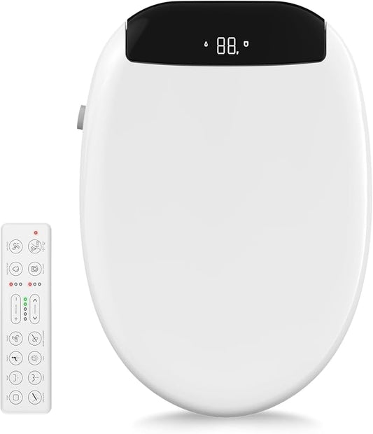 Tadashi Elongated Toilet Seat Bidet, Smart Electric Bidet | Remote Control, Warm Air Dryer, Warm Water Cleaning and Heated Toilet Seat, Night Light, Self Cleaning